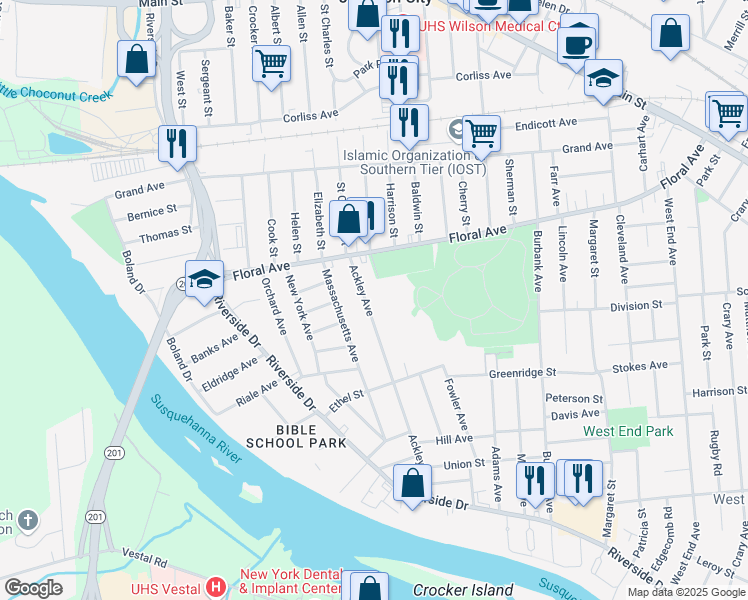 map of restaurants, bars, coffee shops, grocery stores, and more near 34 Ackley Avenue in Johnson City