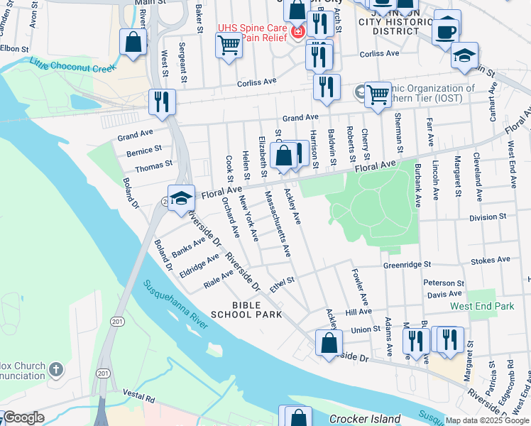 map of restaurants, bars, coffee shops, grocery stores, and more near 2-14 Arlington Street in Johnson City