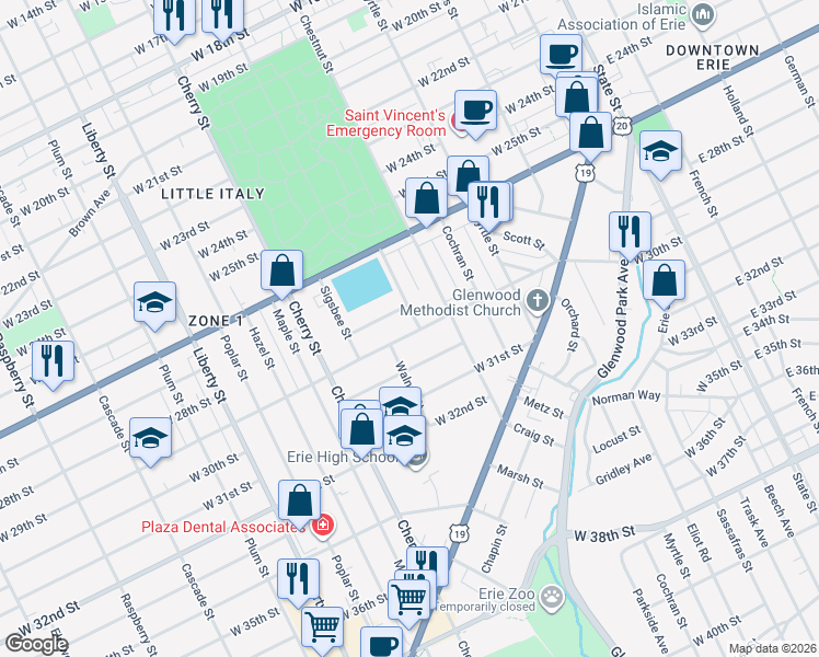 map of restaurants, bars, coffee shops, grocery stores, and more near 2805 Schley Street in Erie