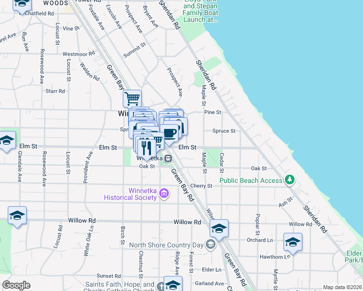 map of restaurants, bars, coffee shops, grocery stores, and more near 563 Lincoln Avenue in Winnetka
