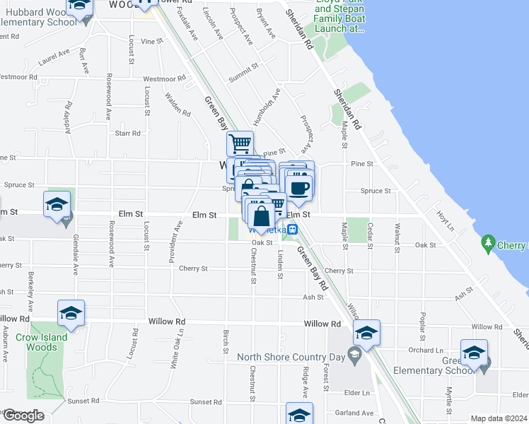 map of restaurants, bars, coffee shops, grocery stores, and more near 817 Elm Street in Winnetka