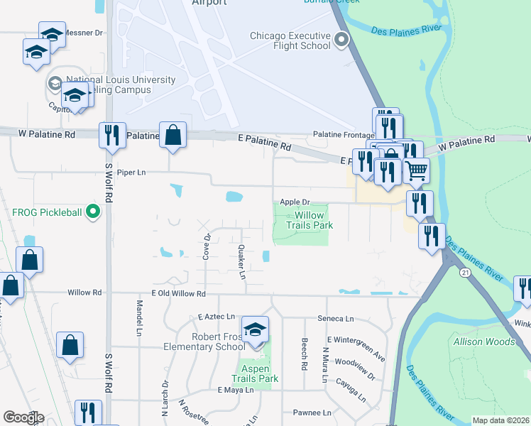 map of restaurants, bars, coffee shops, grocery stores, and more near 518 Wimbleton Drive in Prospect Heights