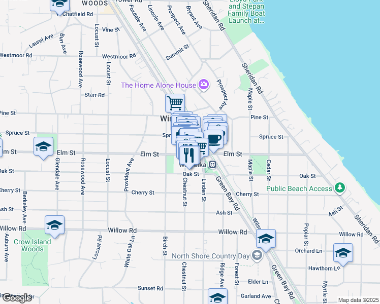 map of restaurants, bars, coffee shops, grocery stores, and more near 811 Elm Street in Winnetka