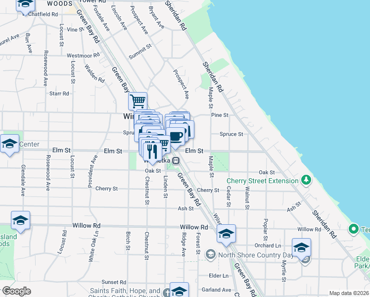 map of restaurants, bars, coffee shops, grocery stores, and more near 563 Lincoln Avenue in Winnetka