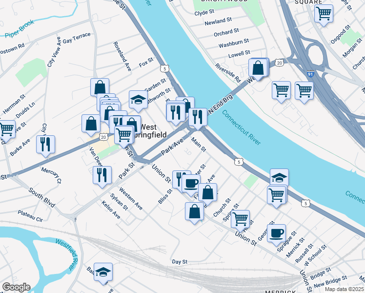 map of restaurants, bars, coffee shops, grocery stores, and more near 56 Park Street in West Springfield