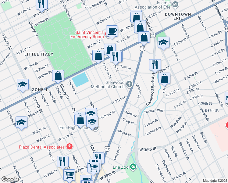 map of restaurants, bars, coffee shops, grocery stores, and more near 2907 Cochran Street in Erie