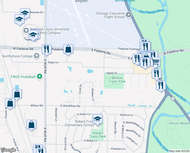 map of restaurants, bars, coffee shops, grocery stores, and more near 513 Wimbleton Drive in Prospect Heights