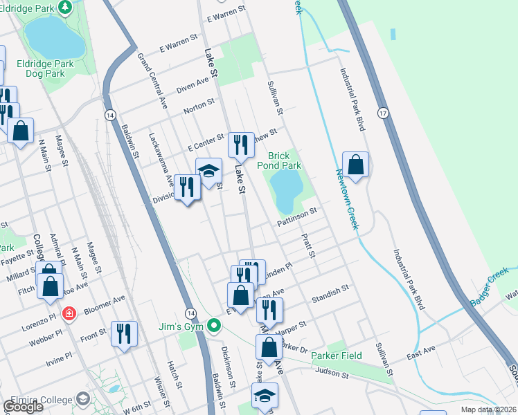 map of restaurants, bars, coffee shops, grocery stores, and more near 1101 Oak Street in Elmira