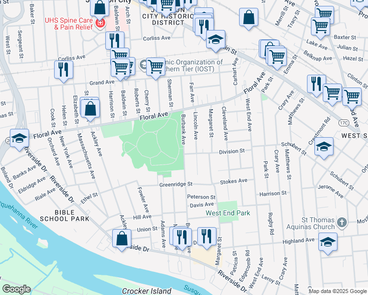 map of restaurants, bars, coffee shops, grocery stores, and more near 146 Burbank Avenue in Johnson City