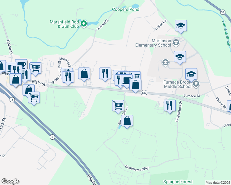 map of restaurants, bars, coffee shops, grocery stores, and more near 769 Plain Street in Marshfield