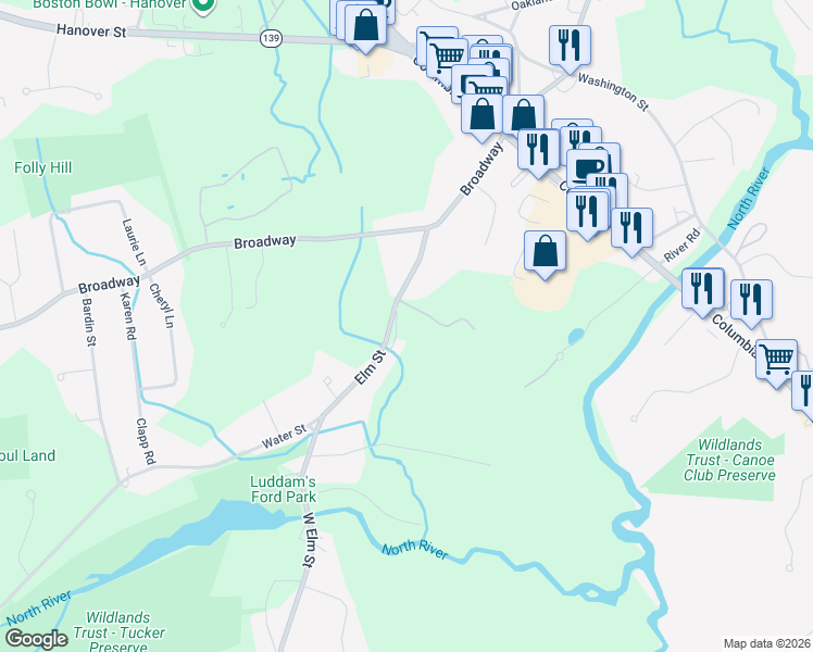 map of restaurants, bars, coffee shops, grocery stores, and more near 70 Elm Street in Hanover