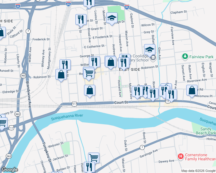 map of restaurants, bars, coffee shops, grocery stores, and more near 29 Moeller Street in Binghamton