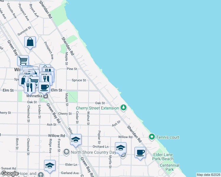map of restaurants, bars, coffee shops, grocery stores, and more near 531 Hoyt Lane in Winnetka