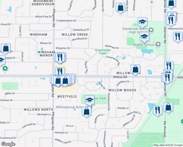 map of restaurants, bars, coffee shops, grocery stores, and more near 2539 The Strand in Northbrook
