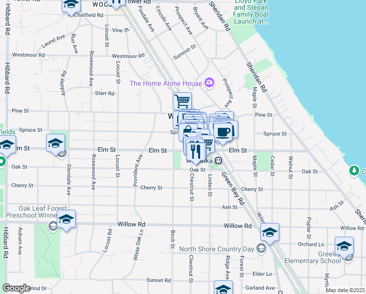 map of restaurants, bars, coffee shops, grocery stores, and more near 555 Birch Street in Winnetka