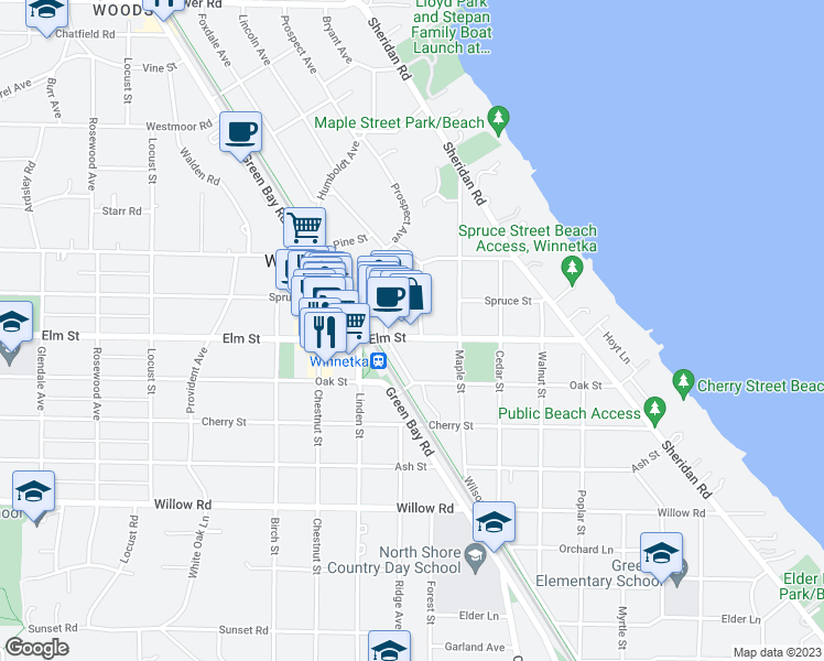 map of restaurants, bars, coffee shops, grocery stores, and more near 715 Elm Street in Winnetka