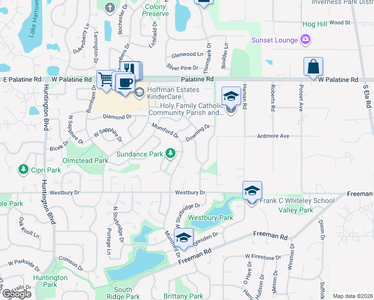 map of restaurants, bars, coffee shops, grocery stores, and more near 4570 Mumford Drive in Hoffman Estates