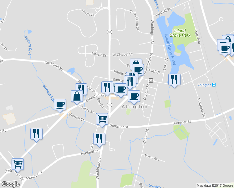 map of restaurants, bars, coffee shops, grocery stores, and more near 37 Brockton Avenue in Abington