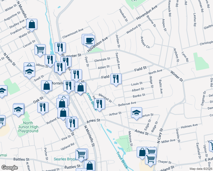 map of restaurants, bars, coffee shops, grocery stores, and more near 28 North Avenue in Brockton
