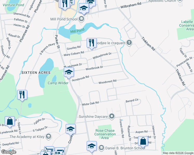 map of restaurants, bars, coffee shops, grocery stores, and more near 140 Acrebrook Road in Springfield