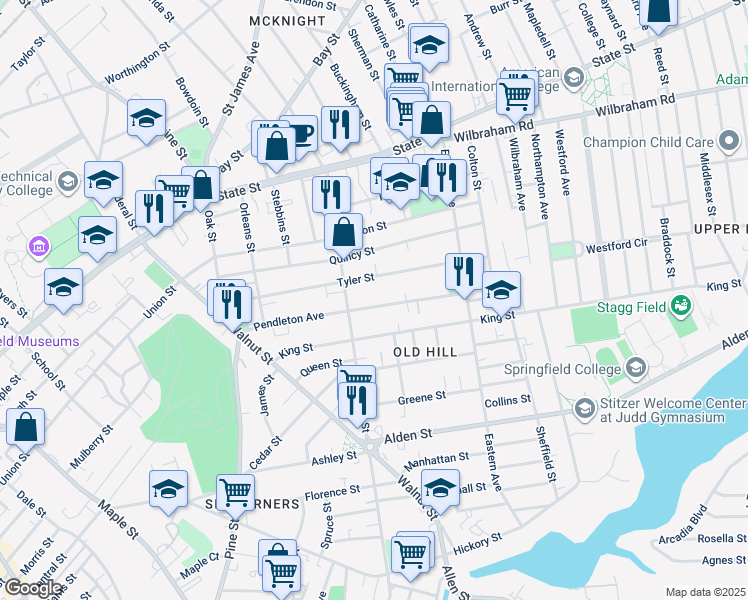 map of restaurants, bars, coffee shops, grocery stores, and more near 171 Tyler Street in Springfield