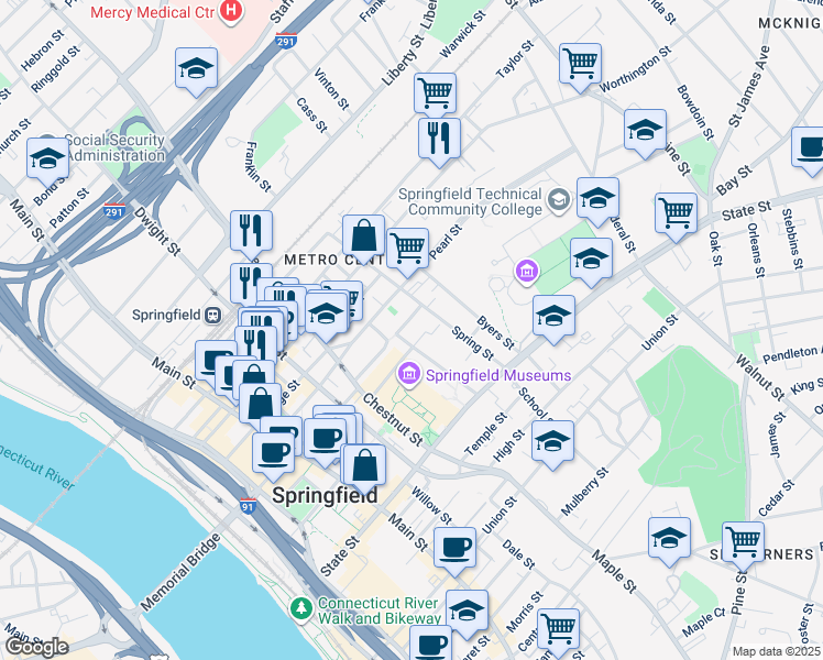 map of restaurants, bars, coffee shops, grocery stores, and more near 18 Salem Street in Springfield