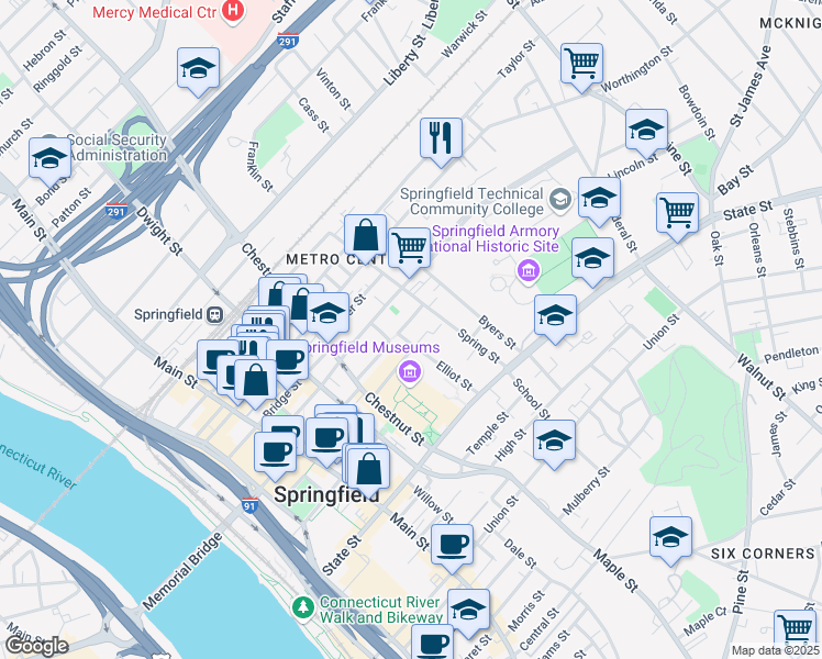 map of restaurants, bars, coffee shops, grocery stores, and more near 18 Salem Street in Springfield