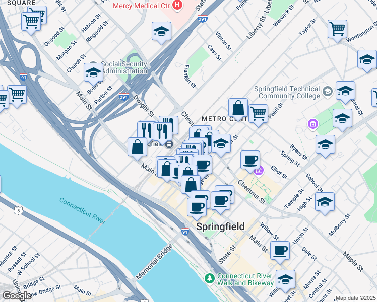 map of restaurants, bars, coffee shops, grocery stores, and more near 459 Dwight Street in Springfield