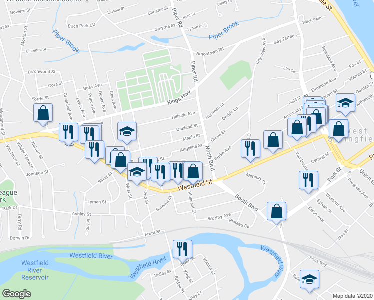 map of restaurants, bars, coffee shops, grocery stores, and more near 32 Angeline Street in West Springfield