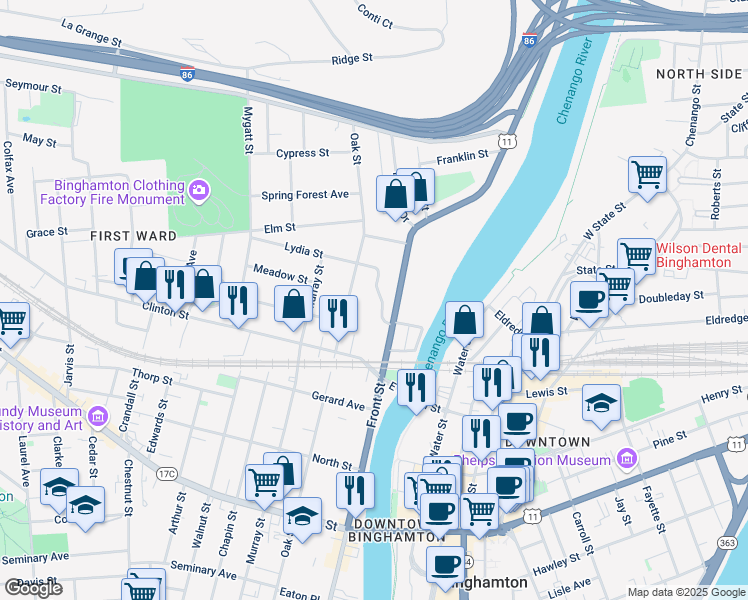 map of restaurants, bars, coffee shops, grocery stores, and more near 21 1/2 Winding Way in Binghamton