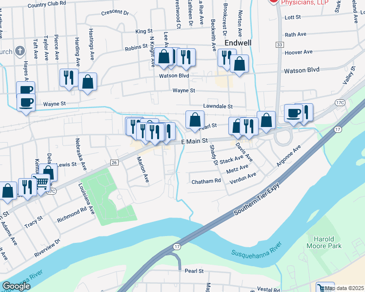map of restaurants, bars, coffee shops, grocery stores, and more near 3111 East Main Street in Endwell