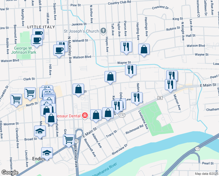 map of restaurants, bars, coffee shops, grocery stores, and more near 2004 North Street in Endicott
