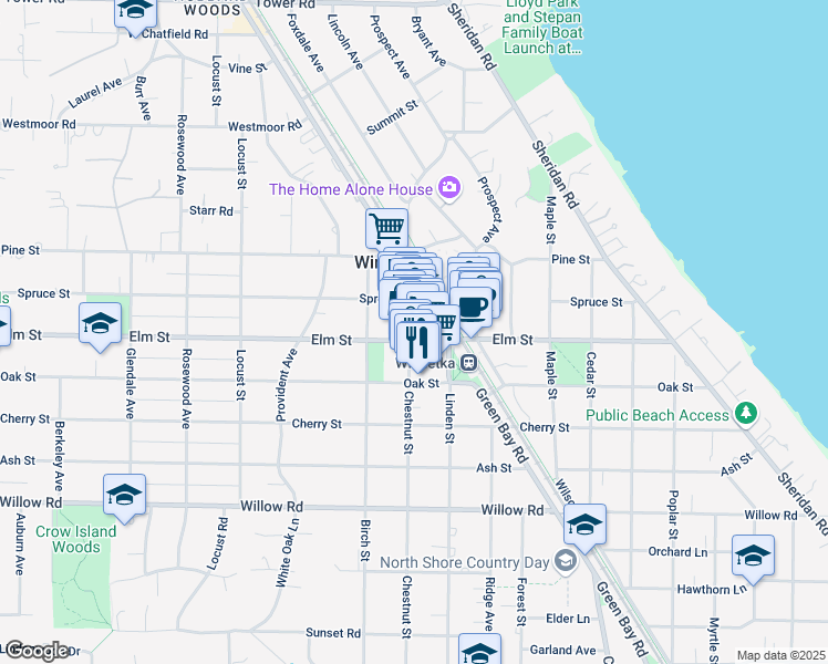 map of restaurants, bars, coffee shops, grocery stores, and more near in Winnetka