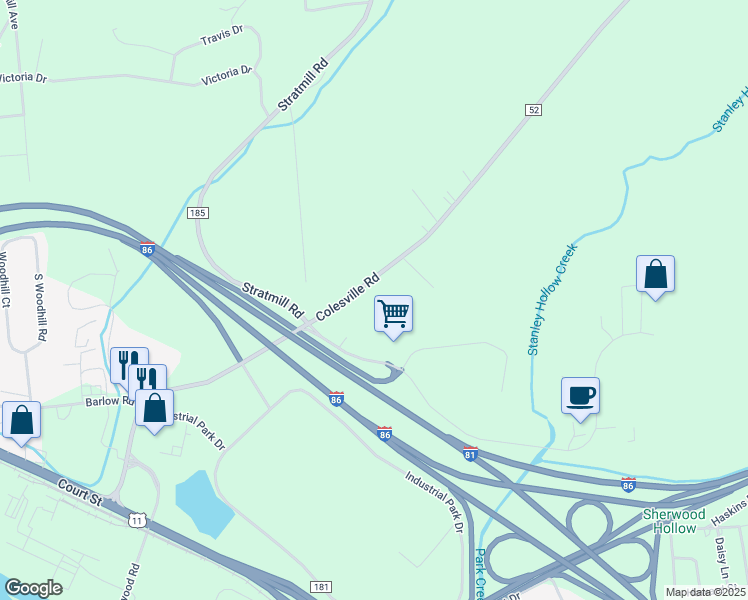map of restaurants, bars, coffee shops, grocery stores, and more near 166 Colesville Road in Binghamton