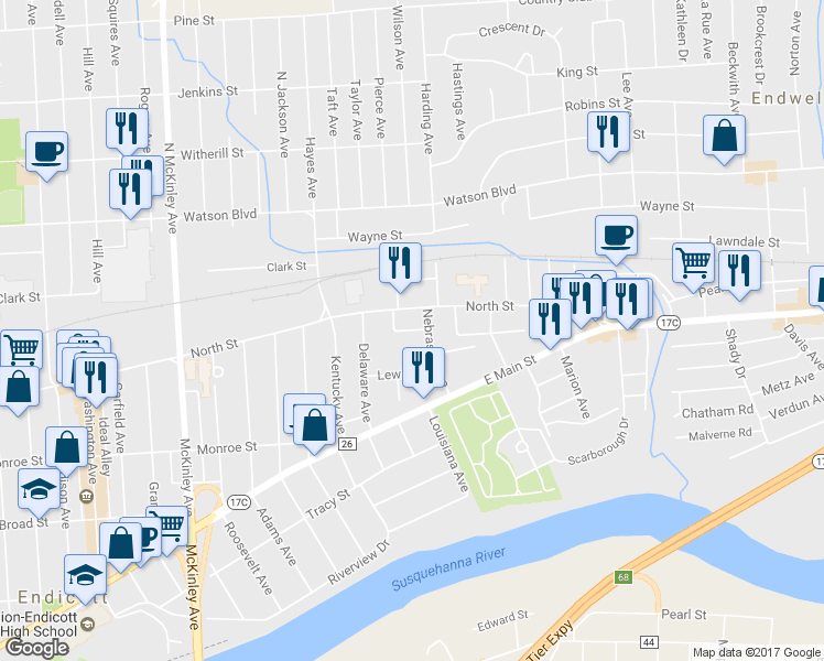 map of restaurants, bars, coffee shops, grocery stores, and more near 10 Highland Avenue in Endicott