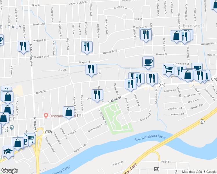 map of restaurants, bars, coffee shops, grocery stores, and more near 3 Youngs Avenue in Endwell