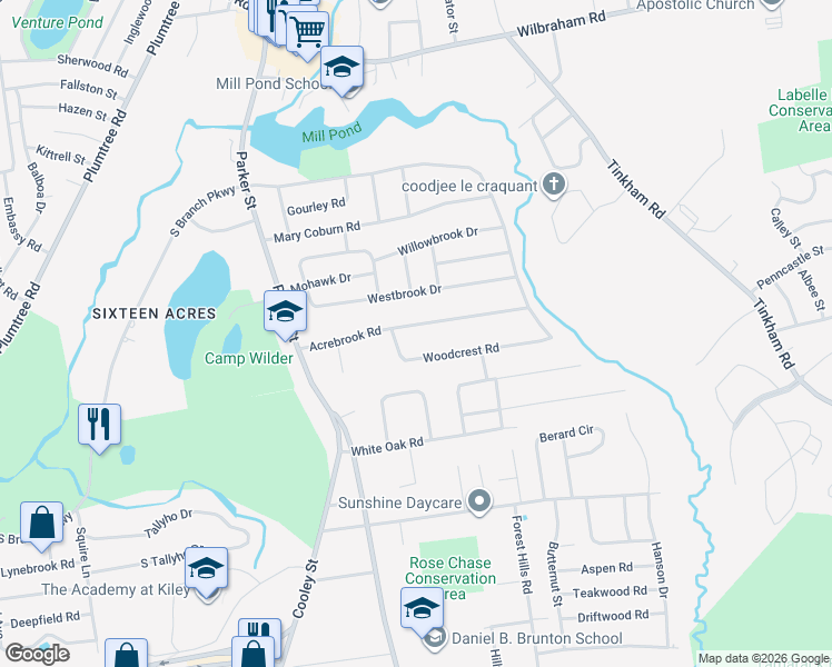 map of restaurants, bars, coffee shops, grocery stores, and more near 140 Acrebrook Road in Springfield