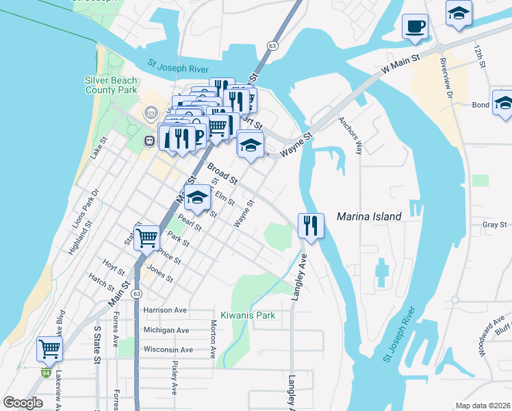 map of restaurants, bars, coffee shops, grocery stores, and more near 1002 Broad Street in St. Joseph