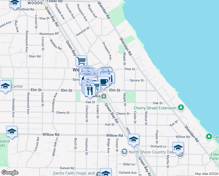map of restaurants, bars, coffee shops, grocery stores, and more near 563 Lincoln Avenue in Winnetka