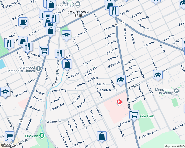map of restaurants, bars, coffee shops, grocery stores, and more near 128 East 34th Street in Erie