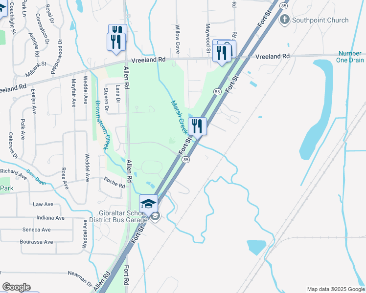 map of restaurants, bars, coffee shops, grocery stores, and more near 27972 Fort Street in Wayne County