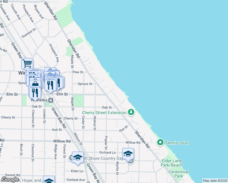 map of restaurants, bars, coffee shops, grocery stores, and more near 531 Hoyt Lane in Winnetka