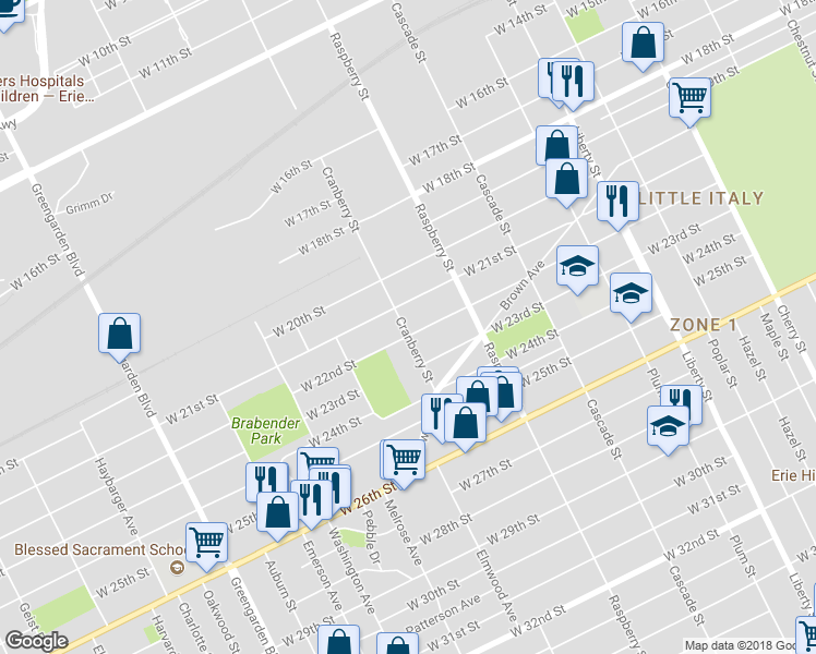 map of restaurants, bars, coffee shops, grocery stores, and more near 1164 West 22nd Street in Erie