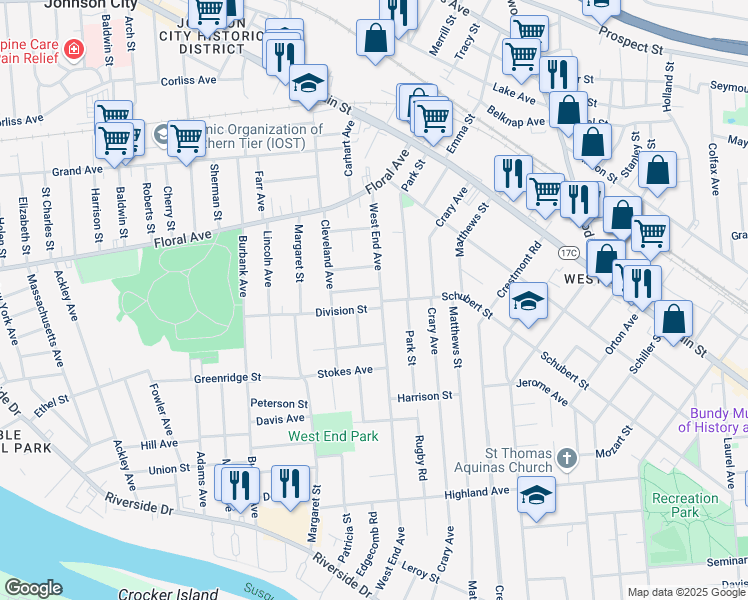 map of restaurants, bars, coffee shops, grocery stores, and more near 159 West End Avenue in Binghamton