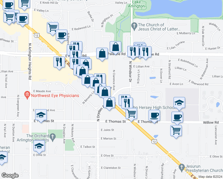 map of restaurants, bars, coffee shops, grocery stores, and more near 1616 North Clarence Avenue in Arlington Heights