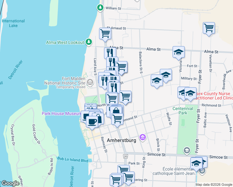 map of restaurants, bars, coffee shops, grocery stores, and more near 143 Sandwich Street South in Amherstburg