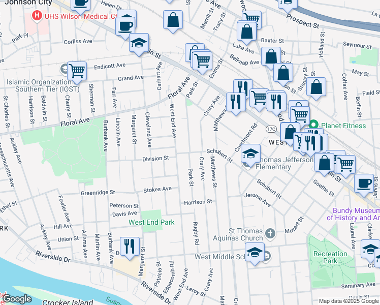map of restaurants, bars, coffee shops, grocery stores, and more near Schubert Street & Park Street in Binghamton