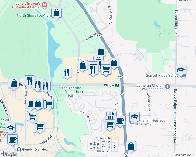 map of restaurants, bars, coffee shops, grocery stores, and more near 992 Willow Road in Northbrook
