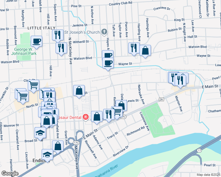 map of restaurants, bars, coffee shops, grocery stores, and more near 2004 North Street in Endicott