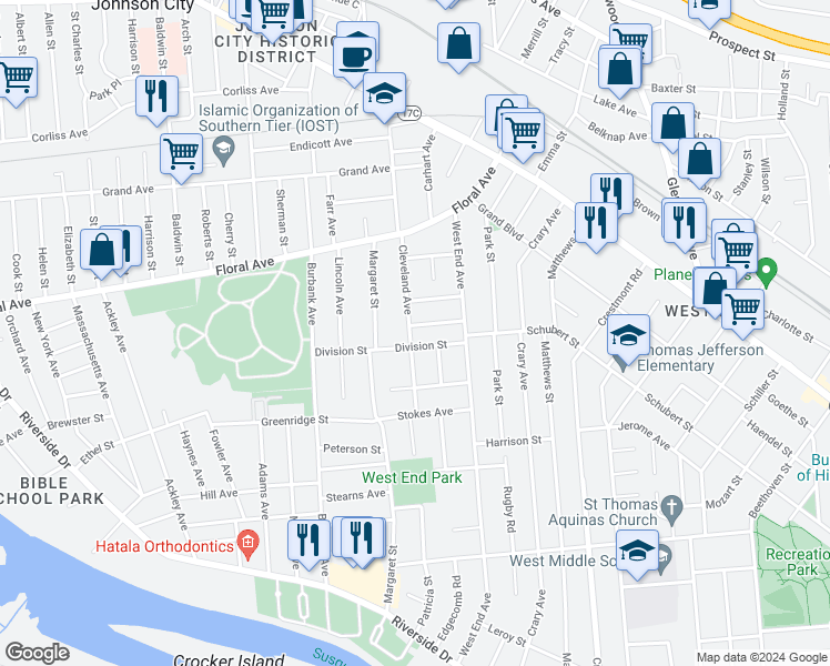 map of restaurants, bars, coffee shops, grocery stores, and more near 19 Lawton Avenue in Binghamton